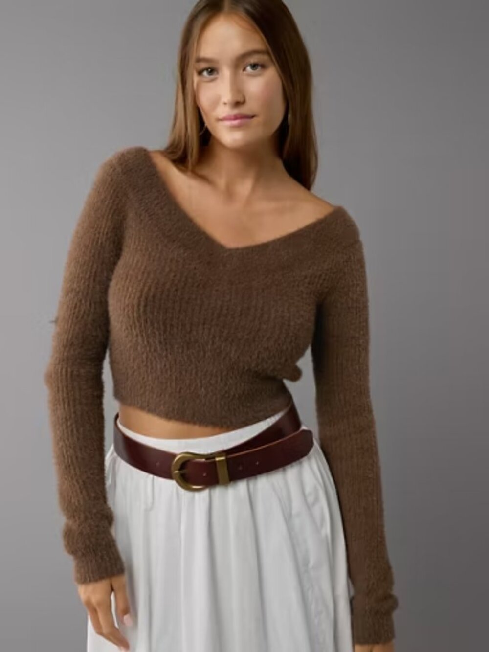 American Eagle Outfitters Women's Deep Brown Ribbed V-neck Cropped Sweater Sz XS